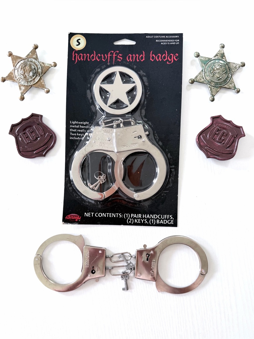 Handcuffs  & Badges 2 pair each working metal handcuffs & keys